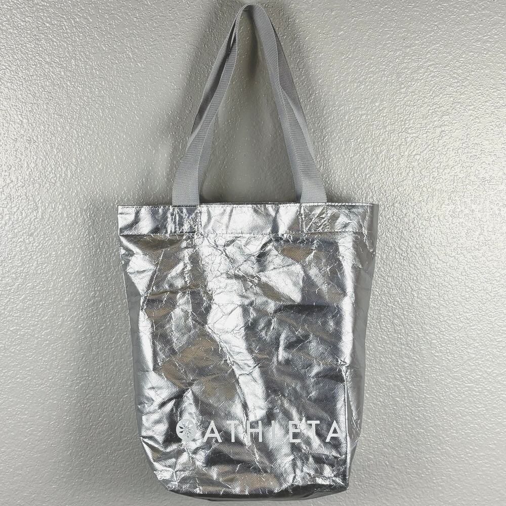 Athleta Silver Shoulder Bag Tote White Logo Grey Straps Recycled Materials